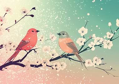 Birds on Cherry Blossom Branch