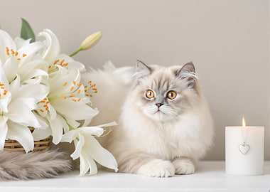 White Cat with Lilies and Candle