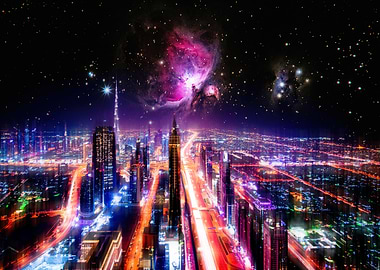 Night Cityscape with Nebula