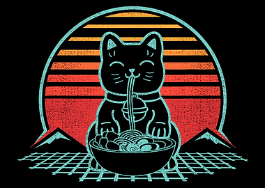 Retro Cat Eating Ramen