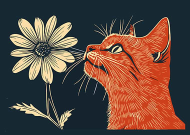 Cat Sniffing Flower Print Wall Art Home Decor