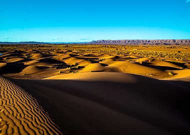 Golden Desert Landscape with Blue Sky in Tinfou, Anti-Atlas, Morocco