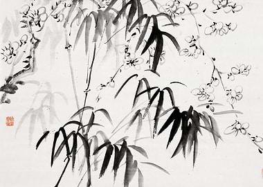 Black Ink Bamboo and Flowers