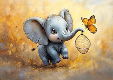 Cute Elephant with Butterfly and Net