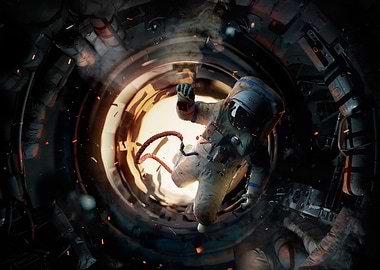 Astronaut in Space Station Tunnel