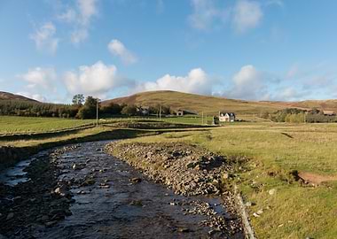 Scottish Landscape with River and Buildings