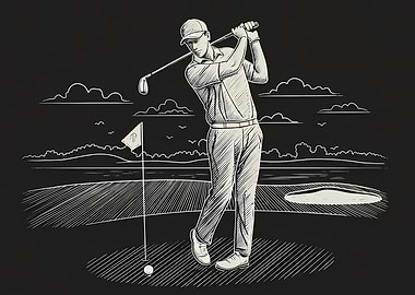 Golf Player Sketch on Black Background