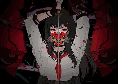 Cyberpunk Schoolgirl with Katana and Mask