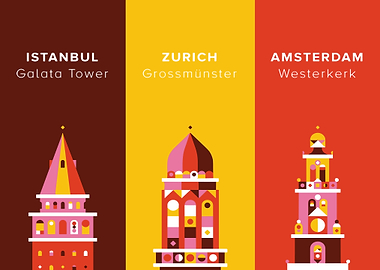 Istanbul, Zurich, Amsterdam Landmarks Illustration