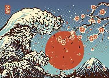 Japanese Great Wave of Kanagawa and Sakura Art