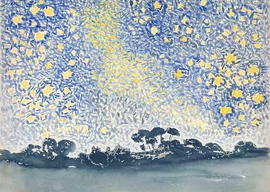 Starry Night Landscape Watercolor Painting