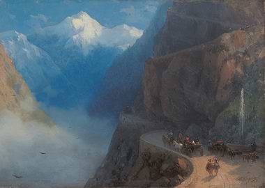 Mountain Pass Painting with Horse-Drawn Carriages