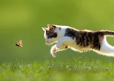 Kitten chasing butterfly in green field