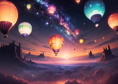 Hot Air Balloons Over Fantasy Landscape