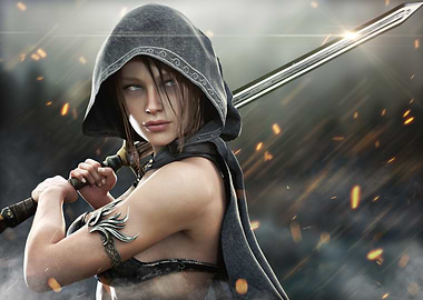 Hooded Warrior Woman with Sword