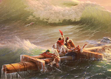 Men in Boat Amidst Stormy Seas