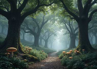 Misty Forest Path with Mushrooms