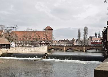 Nuremberg cityscape with river and bridge