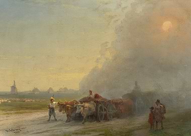 Ox-drawn cart in a rural landscape