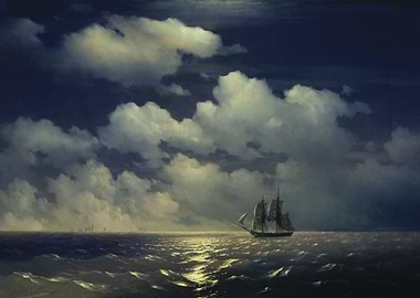 Ship at Sea Under Cloudy Sky