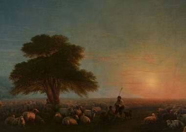 Shepherd and Sheep at Sunset Painting