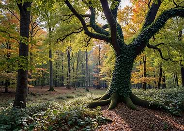 Autumn Forest with Ivy-Covered Tree