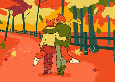 Fox Couple Autumn Walk