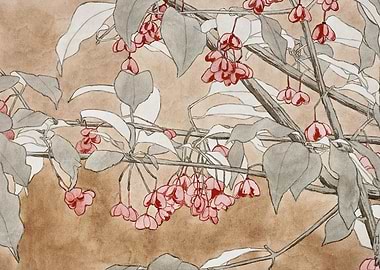 Watercolor Painting of Pink Flowers and Leaves