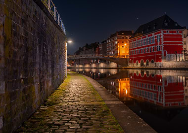 Nighttime Canal Scene with Reflections