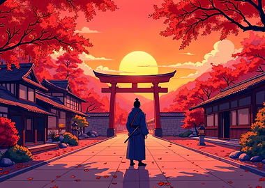 Samurai at Torii Gate Sunset