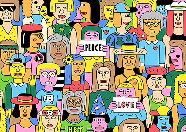 Diverse Crowd with Peace and Love