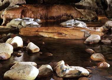 Cave Stream with Rocks and Formations