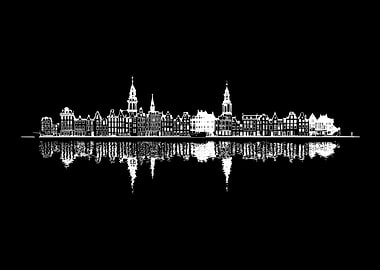 Amsterdam Skyline Silhouette with Water Reflection