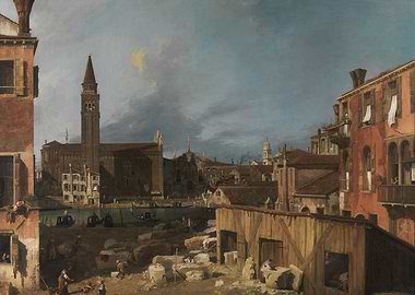 Venice cityscape painting with workers