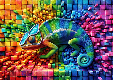 Colorful Chameleon on Bricks Background