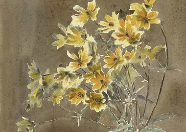 Watercolor Yellow Flowers on Brown Background
