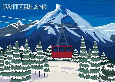 Switzerland Winter Landscape with Cable Car