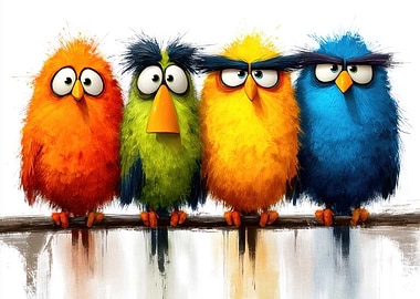 Colorful Cartoon Birds on a Branch