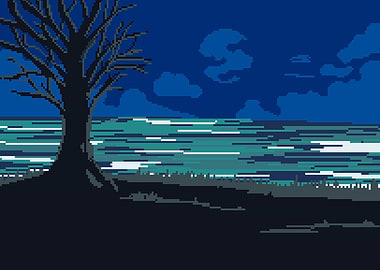 Pixel Art Night Seascape with Tree
