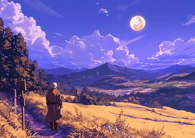 Anime Landscape with Figure and Moon