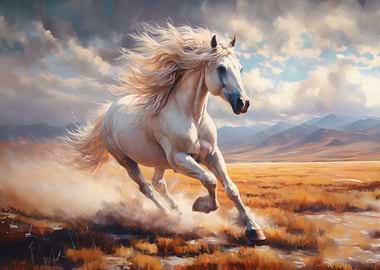 White Horse Galloping in Field