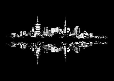 Monochrome Kyoto Cityscape Reflection