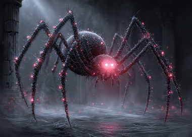 Glowing-Eyed Spider In Dark Ruins