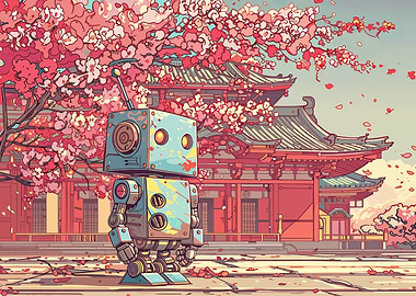Robot in Japan with Cherry Blossoms