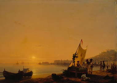 Sunset Seascape with Figures and Boats