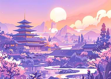 Pixel Art Japanese Landscape with Pagoda