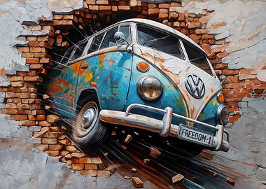 VW Bully Through Brick Wall