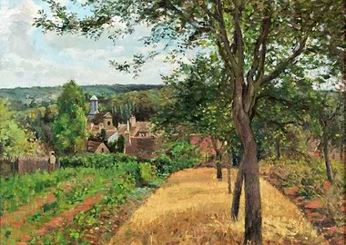 Village Landscape Painting with Trees