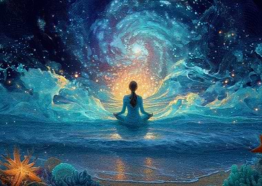 Meditating Woman Beach Galaxy
