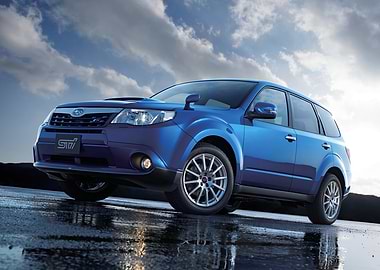 Blue Subaru Forester STI on Wet Surface